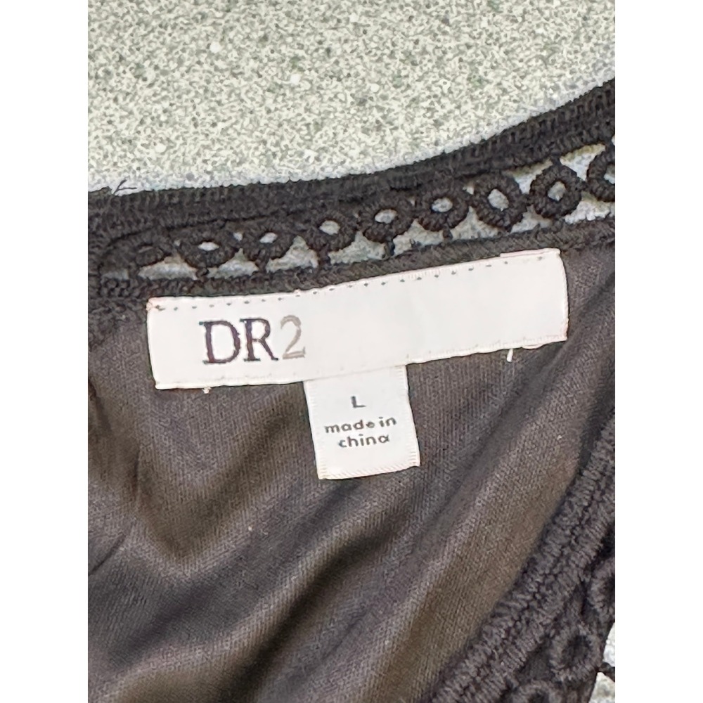 DR2 Women Black Mixed Print Halter Dress Crochet Bib Handkerchief Hem Large - Picture 4 of 6